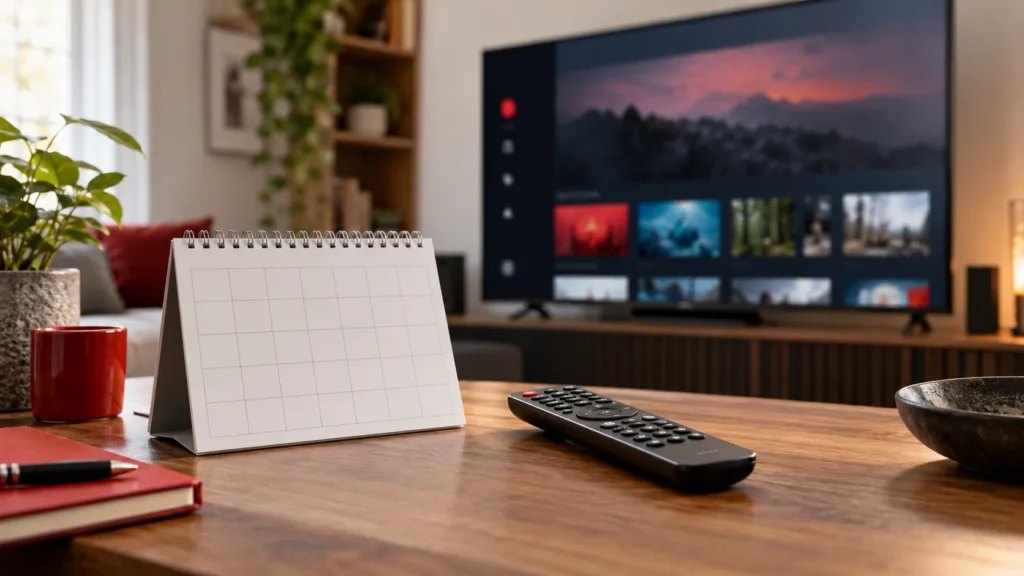 Calendrier posé près d’une télécommande devant un téléviseur.