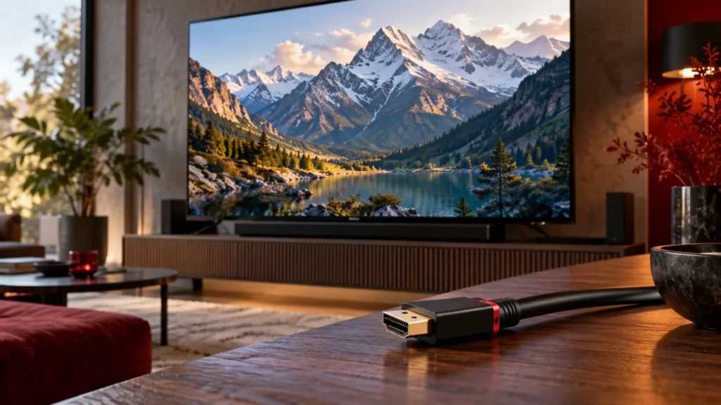 Téléviseur montrant un paysage de montagne avec un câble HDMI au premier plan.