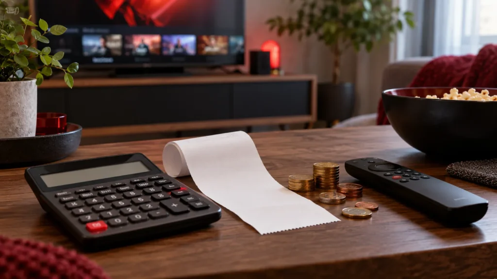 Calculatrice, pièces, reçu vierge et télécommande sur une table.